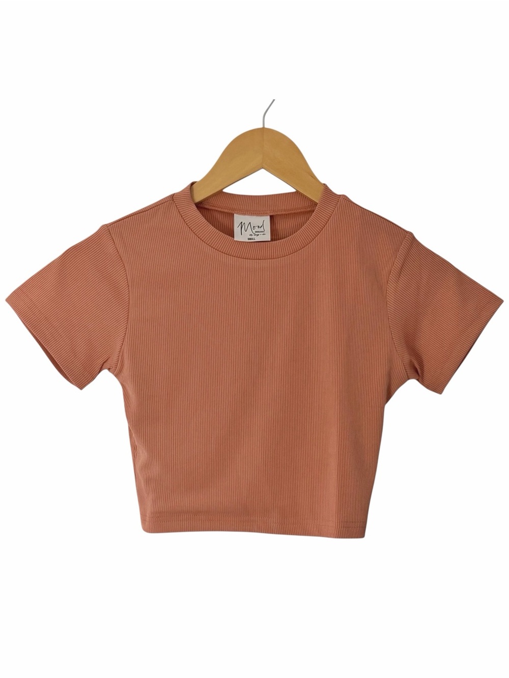 Mood Women’s Small Salmon Pink Ribbed Fitted Crop Top Short Sleeve Baby Tee